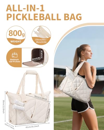 ESTARER Pickleball Tote Bag for Women with Shoe Compartment Large Pickleball Paddle Storage & Fence Hook - color: Off-white