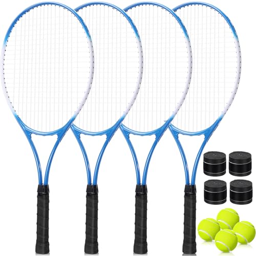 4 Pack Tennis Rackets for Adults Recreational 4 Players Pre Strung 27 Inch Tennis Racquets Lightweight Rackets Bulk with Balls Overgrips for Training - color: Blue