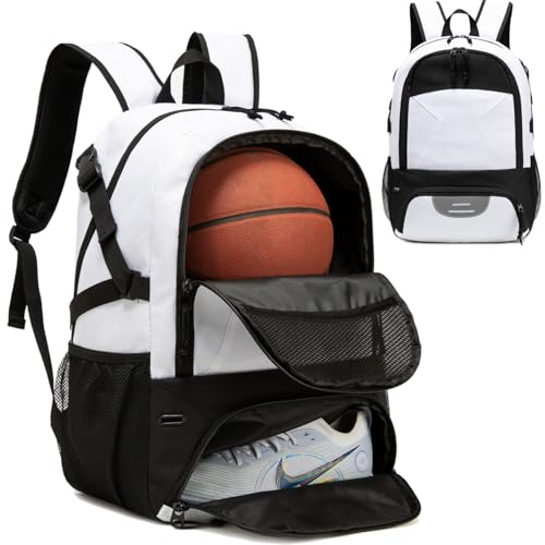 Basketball Backpack - Large Sports Equipment Bag with Ball Holder & Shoe Compartment for Basketball. (white) - color: White