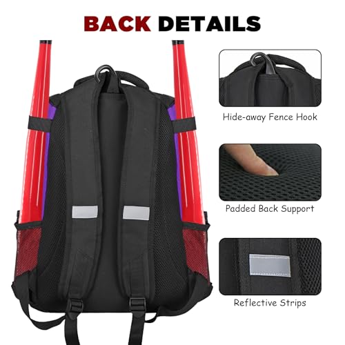 Goloni | Baseball Backpack,Baseball Bag for Adult,Softball Bat Bag with Shoes Compartment,Large Main Compartment for Helmet & accessories, Fence Hook - color: Purple