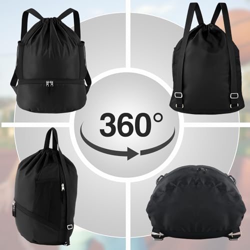 6 Pack Gym Drawstring Backpack Bags Bulk with Shoe Compartment for Sports Wet Proof Pocket for Men Women Large(Black) - color: Black