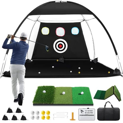 Golf Net, 10x7ft Golf Hitting Aid with Mat, Designed for Outdoor & Indoor Use, Practice Nets for Backyard Driving Real Balls, Ideal Gifts for Men Dad Husband & Golfers