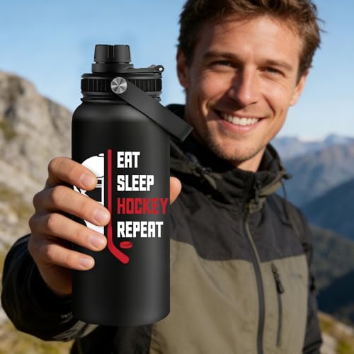 Fufandi Hockey Gifts for Men - Hockey Mom Gifts, Gift Hockey Player for Men Boy - Hockey Lover Sports Love Travel Water Bottle 32oz - color: Hockey Black