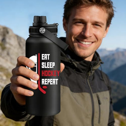 Fufandi Hockey Gifts for Men - Hockey Mom Gifts, Gift Hockey Player for Men Boy - Hockey Lover Sports Love Travel Water Bottle 32oz - color: Hockey Black