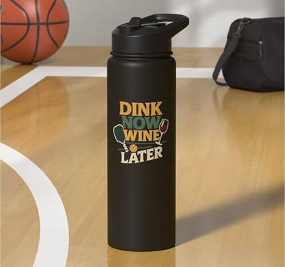 Funny Pickleball Wine Pun Paddle Dink Now Wine Later Stainless Steel Insulated Water Bottle - color: Black