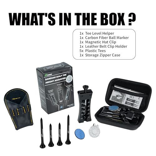 SANDIAN, All-in-1 Value Pak, Adjustable Golf Tee Height Setter with Divot Tool, Genuine Carbon Fiber Made Pitchfork, Super Lightweight, T800 Ball Marker, Hat Clip, Tees, Leather Holster, Zipper Case - color: Shiny Black Full