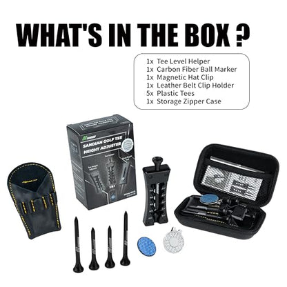 SANDIAN, All-in-1 Value Pak, Adjustable Golf Tee Height Setter with Divot Tool, Genuine Carbon Fiber Made Pitchfork, Super Lightweight, T800 Ball Marker, Hat Clip, Tees, Leather Holster, Zipper Case - color: Shiny Black Full