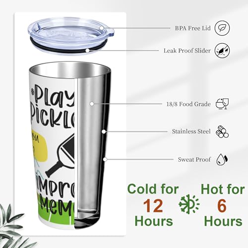 Pickleball Tumbler 20 oz, Funny Pickleball Gifts for Women Men, Playing Improves Memory Travel Mug Vacuum Insulated Stainless Steel Coffee Cup