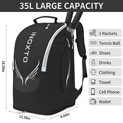 INOXTO 40L Tennis Backpack for Men & Women, Large Pickleball Bag With Independent Shoe Storage, Waterproof & Breathable, Holds 2 Tennis Rackets for Badminton, Travel & Camping - color: Black