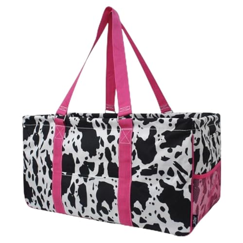 Extra Large Utility Tote Reusable Grocery Bag Oversized Collapsible for Groceries, Storage, Picnic, Beach (Cow Splatter-HotPink) - color: Cow Splatter-hotpink