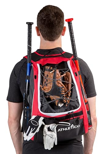Athletico Baseball Bat Bag - Backpack for Baseball, T-Ball & Softball Equipment & Gear for Youth and Adults | Holds Bat, Helmet, Glove, & Shoes |Shoe Compartment & Fence Hook - color: Red