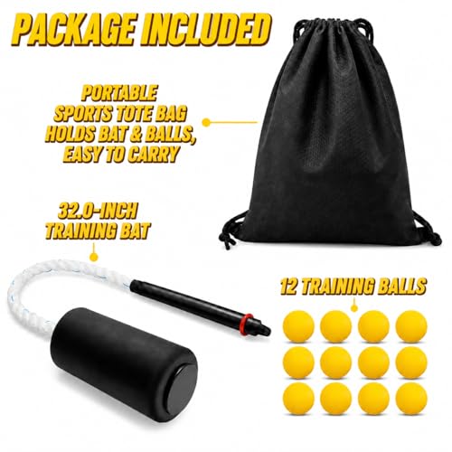 Baseball & Softball Swing Trainer Set – Real Feel Swing & Hitting Practice - Includes Rope Swing Training Bat, 12 Soft Foam Balls with Tote Bag, Batting Training Aid for Youth Beginners