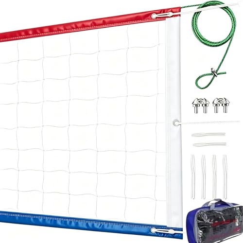 Professional Volleyball Net Outdoor Heavy Duty, All Weather Enhanced, 32x3FT Regulation Official Size, 46FT Aircraft Steel Cable, Portable Replacement Net for Backyard Beach Pool Indoor - color: ‎Red White and Blue