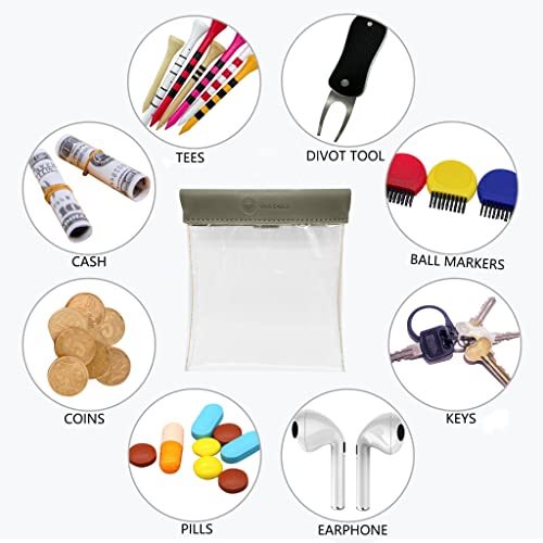 Golf Tee Pouch Bag Organizer with Clip, Transparent Squeeze Top Pocket for Golf Accessory and Valuable | 15 Bamboo Tees Included - color: Grey