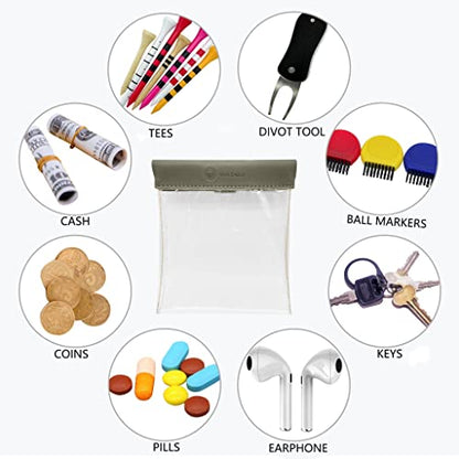 Golf Tee Pouch Bag Organizer with Clip, Transparent Squeeze Top Pocket for Golf Accessory and Valuable | 15 Bamboo Tees Included - color: Grey