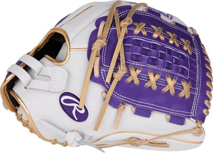 Rawlings | Liberty Advanced Color Series Fastpitch Softball Glove - color: White / Purple / Gold | X-Laced Basket Web, size: 12.5" | Utility