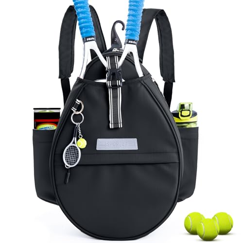Tennis Backpack with 2 Rackets Holder, Water-Resistant PU Leather Tennis Racket Bag for Women & Men, Sling Crossbody Sports Backpack for Tennis, Pickleball & Badminton, Tennis Gifts - color: Black, size: Medium without Shoe Compartment