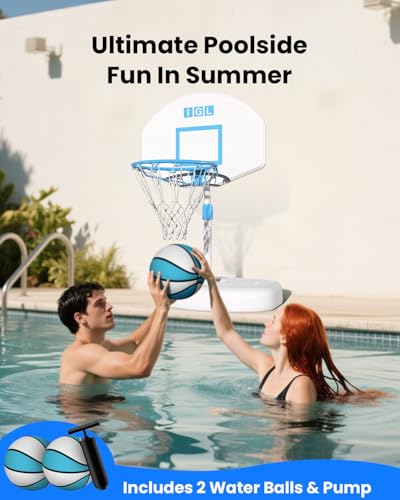 IGL Poolside Basketball Hoop, Swimming Pool Basketball Hoop with 28 Inch Backboard, Height Adjustment Pool Basketball Goals with Stainless Steel Rim, Includes 2 Balls & Pump - size: 28in Backboard