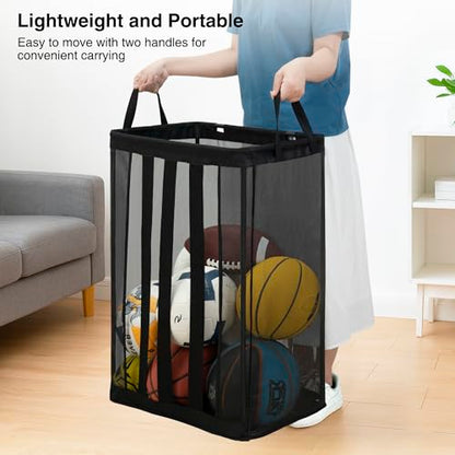 STO STO Ball Storage Basket, Wall-Mounted or Freestanding Garage Ball Organizer Holder, Holds up to 15 Balls, Sports Equipment Organizer with Elastic Front Access for Garage, Gym, Playroom, Black