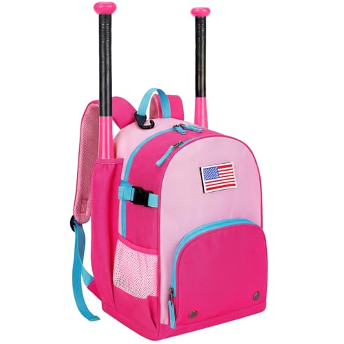 Choco Mocha TBall Bag for Toddler, Kids Baseball & Softball Backpack with Bat Holder - color: Blue Pink