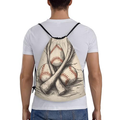 Drawstring Backpack Waterproof String Bag Hand Drawn Baseball Bats and Ball Cinch Bag Lightweight Sport Gym Sackpack Medium - size: Medium