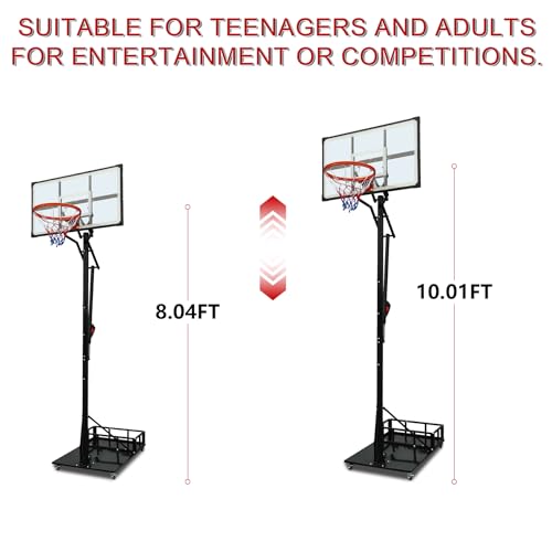 Heavy Duty Basketball Hoop Outdoor, 8-10ft Height Adjustable Basketball Goal System with Crank Handle, 44" Shatterproof PC Backboard & Spring Rim, Portable Basketball Hoop with Iron Base for Driveway