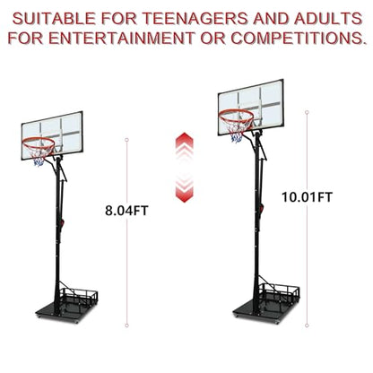 Heavy Duty Basketball Hoop Outdoor, 8-10ft Height Adjustable Basketball Goal System with Crank Handle, 44" Shatterproof PC Backboard & Spring Rim, Portable Basketball Hoop with Iron Base for Driveway