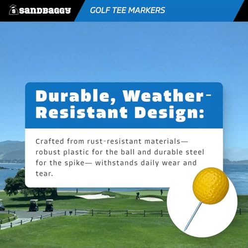 Sandbaggy Plastic Tee Markers for Golf Course (UV Resistant) - Steel Spike - Safety Caps Included - color: Yellow