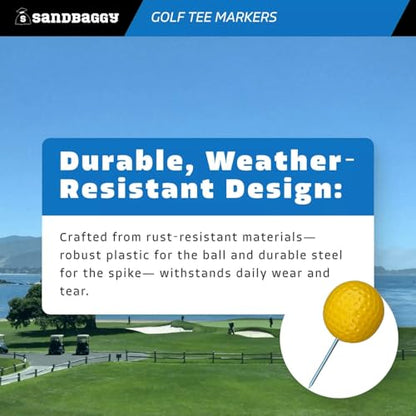 Sandbaggy Plastic Tee Markers for Golf Course (UV Resistant) - Steel Spike - Safety Caps Included - color: Yellow