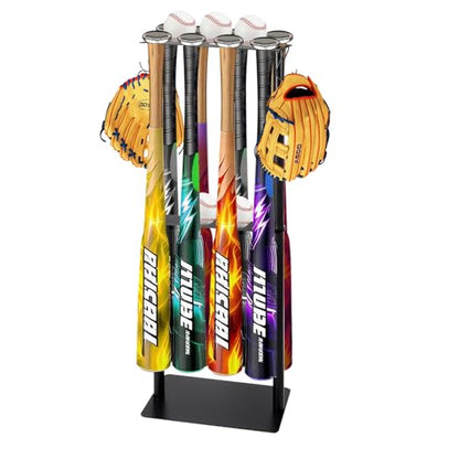 Baseball Bat Holder Stand, Free Standing Bat Rack for 8 Bats & 5 Balls, No Drill Softball Bat Organizer with 4 Hooks for Gloves, Sturdy Metal Display Stand for Home Team Dugout, Black