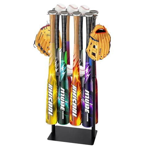 Baseball Bat Holder Stand, Free Standing Bat Rack for 8 Bats & 5 Balls, No Drill Softball Bat Organizer with 4 Hooks for Gloves, Sturdy Metal Display Stand for Home Team Dugout, Black