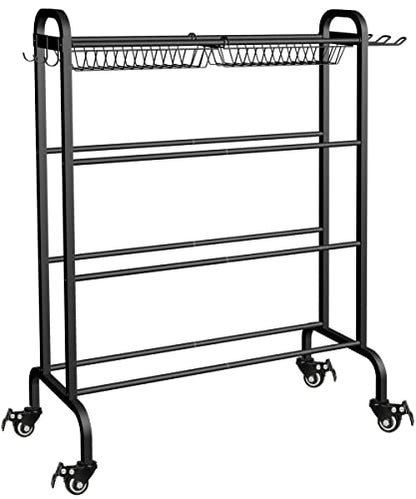 Basketball Racks Holder for Balls with Wheels, Rolling Metal Sports Equipment Storage Stand Organizer with Baskets and Hooks for Basketballs Footballs Volleyball, Black