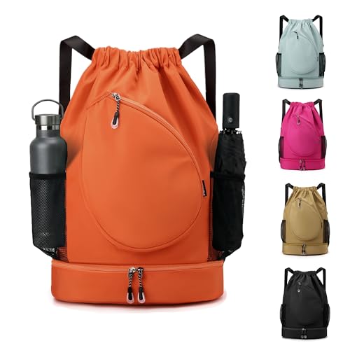 Sports Drawstring Backpack, Badminton Gym Bag Holds 2 Rackets with Shoe Compartment, Off-work, Everyday & Overnight Weekend - color: Orange