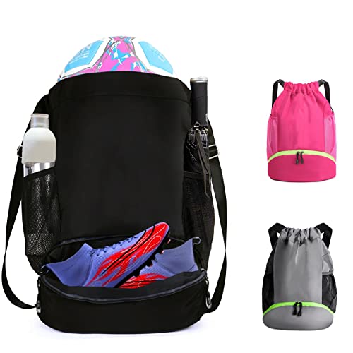 Soccer Bags, Waterproof Drawstring Gym Backpack for Baskestball Rugby Volleyball Yoga, Large Capacity Sports Bag - color: Black