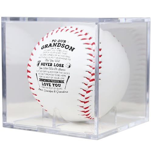 SYNGUCK Baseball Gift for Grandson-Clear Acrylic Display Case-Heartfelt Grandparents to Grandson Baseball with Inspirational Message - Perfect Birthday, Graduation Gift - style: Love,grandpa&grandma