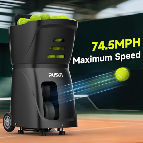 Tennis Ball Machine, Tennis Ball Launcher with App/Remote/iWatch Control, Max Speed of 75Mph, 1.8-8s/Ball, Multiple Training Modes(AI Drill/Programming/Random/Vary Speed) 4-6Hrs Battery Life - color: Black