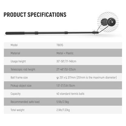 NEEWER Tennis Ball Pickleball Collector Roller, No Bending Over Quick Rolling Picker for Up to 40 Tennis Balls - style: TB01S w/Bag