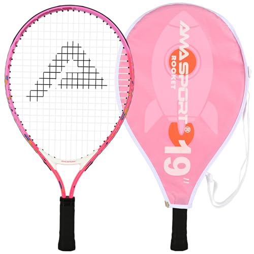 AMA SPORT Kids Tennis Racket 17/19/21/23/25 Inch Tennis Racket for Kids Girls and Boys Beginners Toddlers Starter Junior Racquet with Shoulder Strap Bag (Age 2-10) - color: Rocket-Pink, size: 19"
