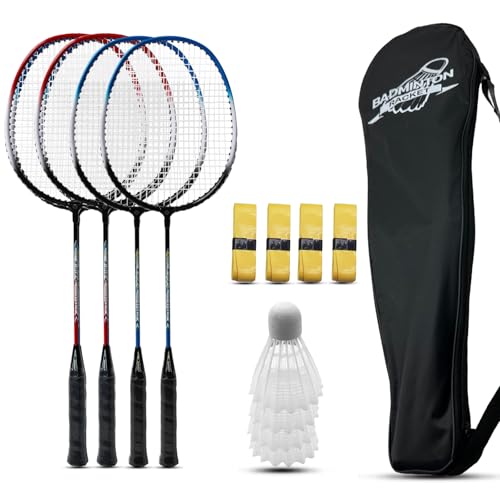 Magicorange Badminton Rackets Set of 4 for Outdoor Backyard Games, Including 4 Racquets,4 Shuttlecocks, 4 Replacement Grip Tapes & 1 Carry Bag - color: Blue+Red