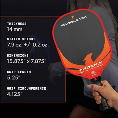 Paddletek Phoenix Talon – 14mm Pickleball Paddle – Raw Carbon Fiber Face – Balanced Control & Spin – Polypropylene Honeycomb Core – USAPA Approved Pickle Ball Paddle – 5.25 Inch Handle - color: Wildfire