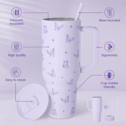 Butterfly Gifts for Women, Purple Butterfly Tumbler with Handle, Stainless Steel Insulated Coffee Travel Mug Cup, Gifts for Women Girls on Birthday Christmas, 40oz - color: Butterfly