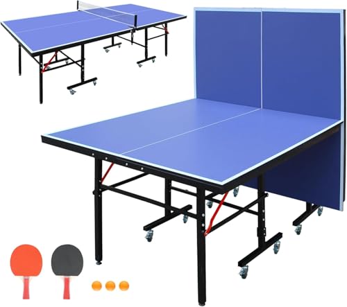 Ping Pong Table Foldable & Portable 6/8/9FT Table Tennis Table Set for Indoor & Outdoor Games with Net & Post, 2 Table Tennis Paddles and 3 Balls - color: Black Legs-8FT with Wheels