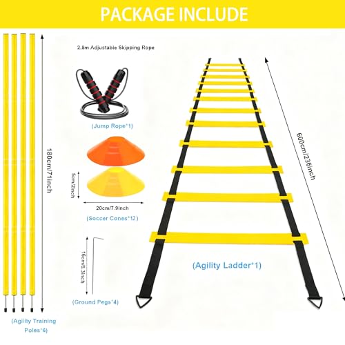 Agility Training Set for Soccer & Football - 20FT Speed Ladder, 12 Cones, and Training Aids for Kids Youth Sports Practice, Footwork Drill Kit