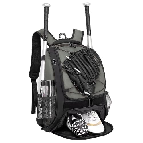 DAFISKY Baseball Bag Softball Backpack - Youth Adult T Ball Bat Equipment Bag with Bat Helmet Holders, Shoe Compartment - color: Grey