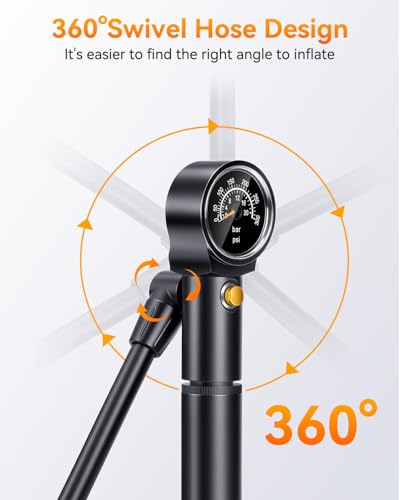 Onvian Portable Bike Pump with Gauge, 300 PSI High Pressure Bicycle Tire Pump & Shock Pump, Mini Hand Pump for Presta and Schrader Valve, Front Fork Rear Suspension, Air Bleed Button