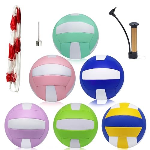 Magicorange Volleyball, 6 Pack Official Size 5 Volleyballs- PU Leather Indoor Outdoor Soft Touch Recreational Volleyballs for Beach Play, Game,Gym,Training -Includes Ball Pump - color: Multicolored