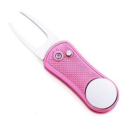 Mile High Life Golf Divot Repair Tool, All Metal Foldable Divot Tool with Pop-up Button & Magnetic Ball Marker - color: Pink Undulate