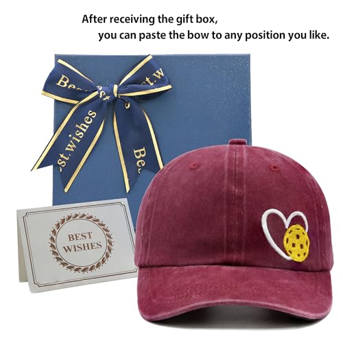 Pickleball Hat with Gift Box, Pickleball Gifts for Women Men, Adjustable Embroidered Heart Baseball Cap - color: Red