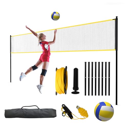 32FT Volleyball Net Set for Training, Adjustable Height 7.4' to 8' Freestanding Volleyball Net System Anti-Sagging, with Ball & Pump, Ground Stakes, Carry Bag, Portable Practice Kit for Backyard&Beach