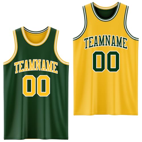 Custom Reversible Basketball Jerseys Men Youth, Personalized Sports Shirts Team Uniforms Printed Name Logo Number - color: Green and Yellow